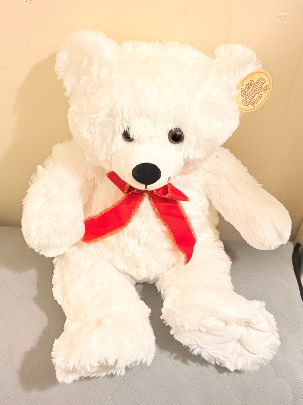 White Plush Teddy Bear with Red Bow - Soft Kids Stuffed Animal